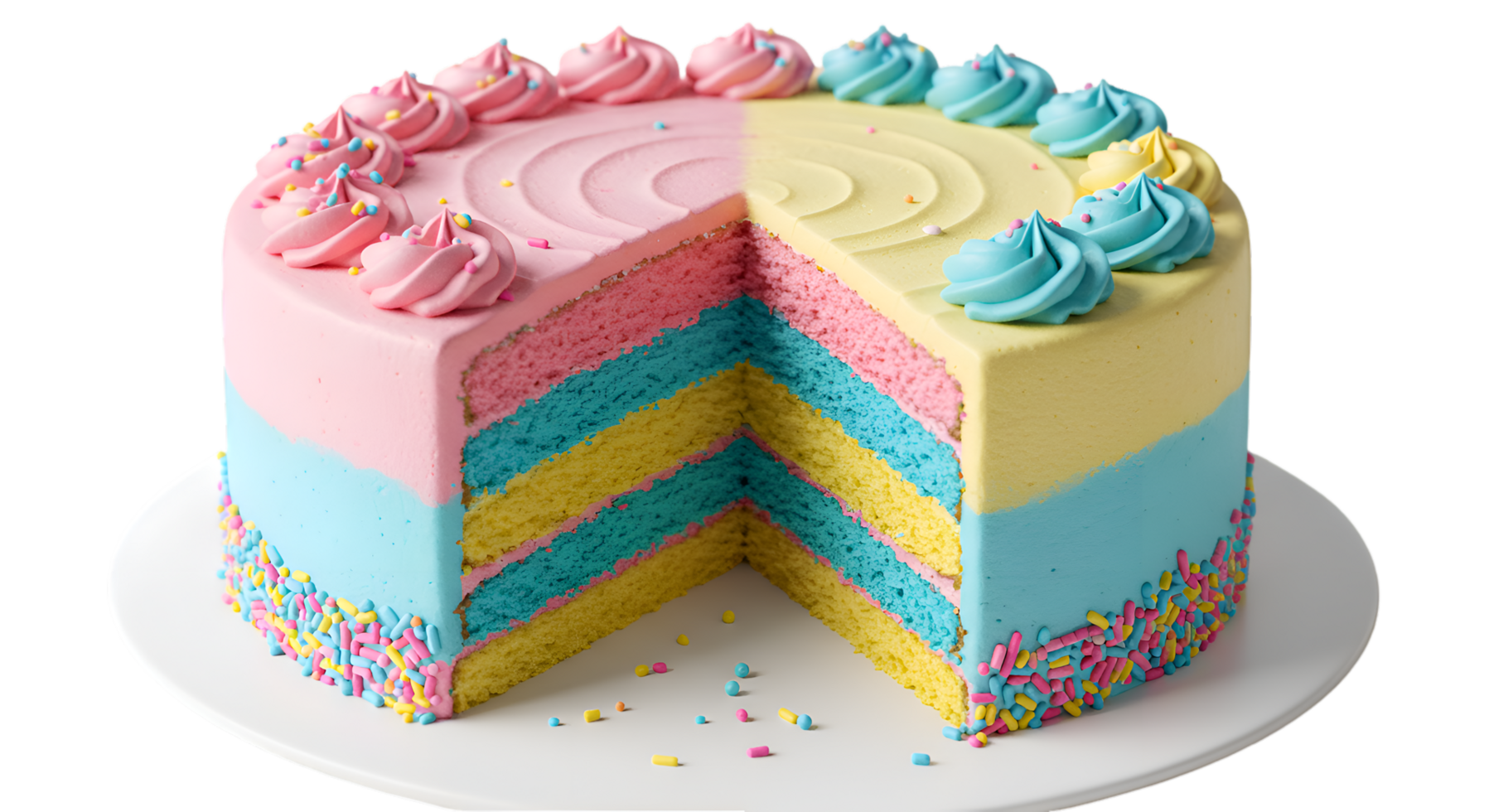 Colorful Layered Cake with Swirled Frosting and Sprinkles Slice Removed png