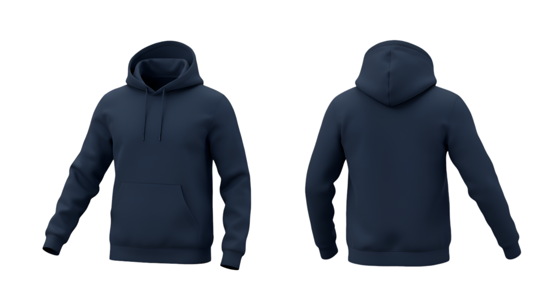 Navy blue hooded sweatshirt front pouch pocket and back view casual apparel png