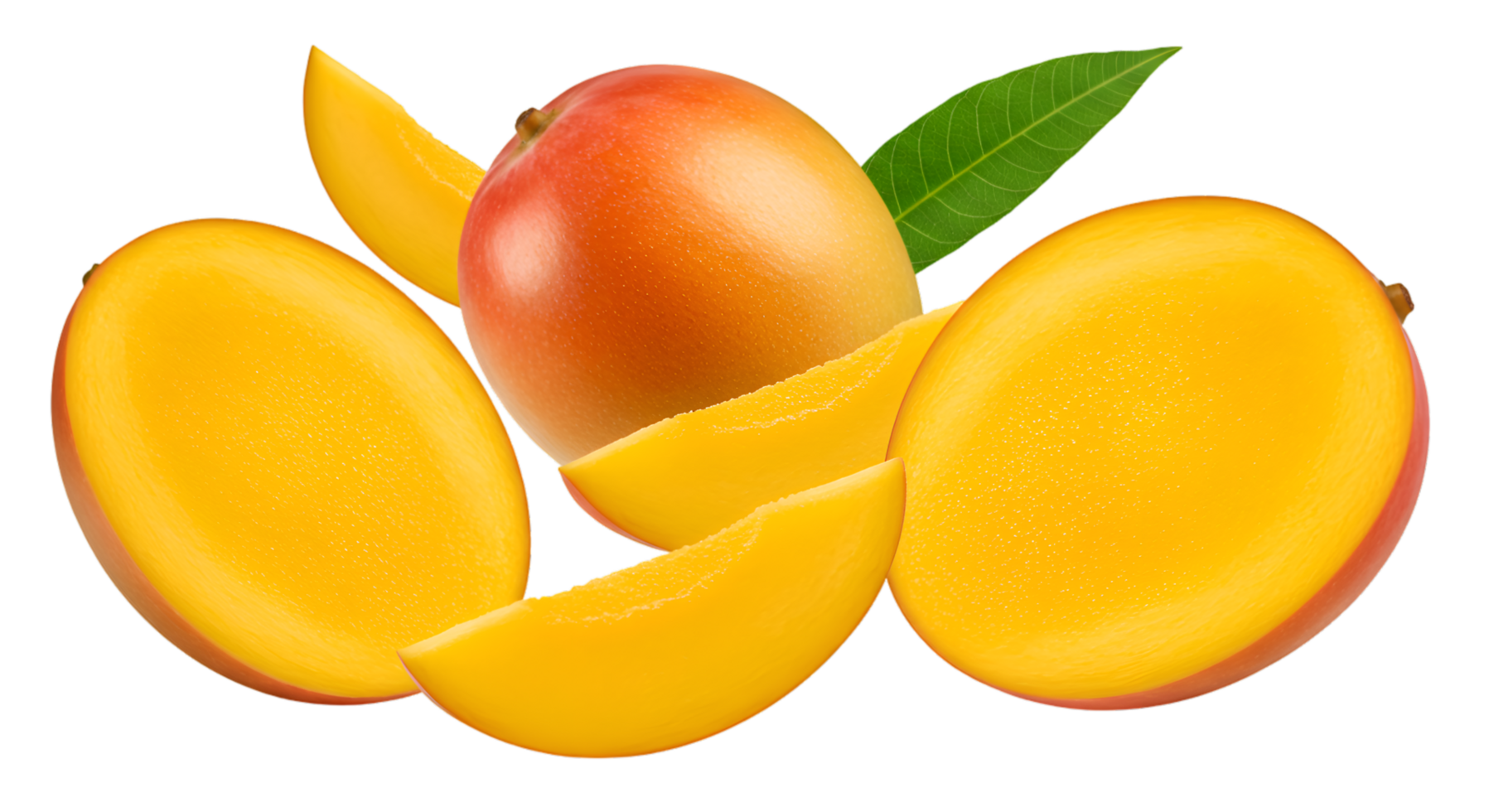 Ripe Mango Fruit with Slices and Leaf Showing Juicy Texture and Vibrant Color png