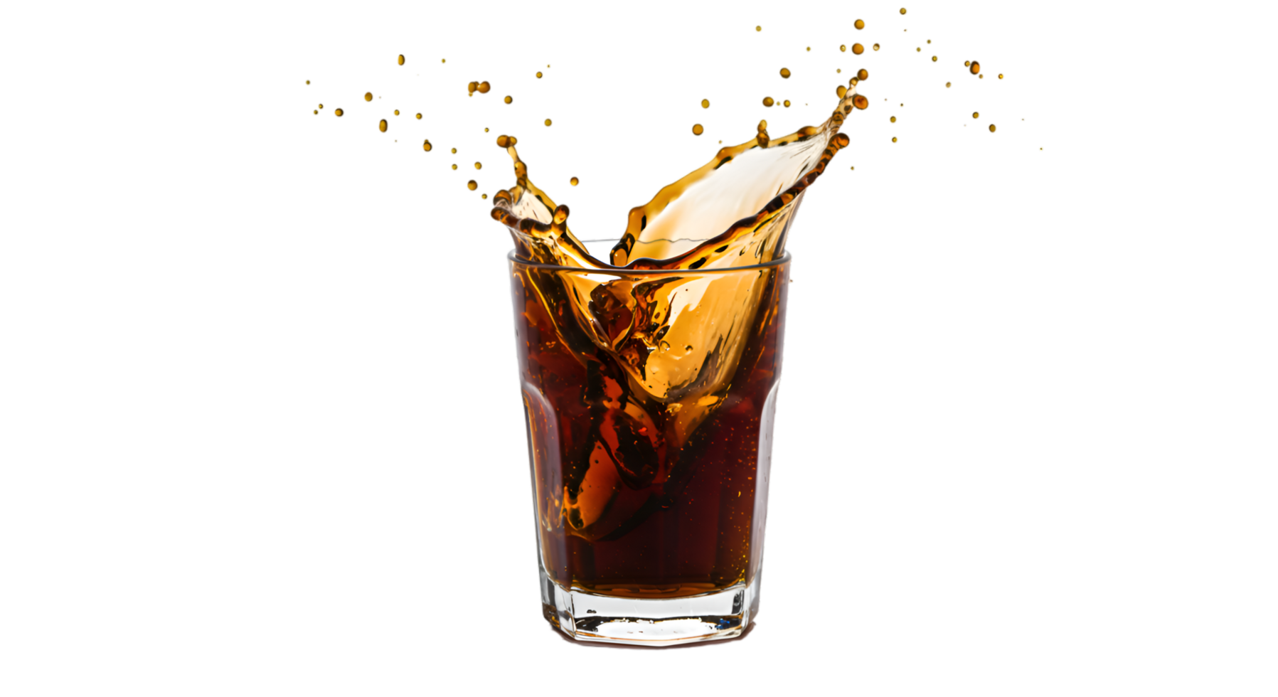 Refreshing cola splash in a faceted glass droplets suspended midair png