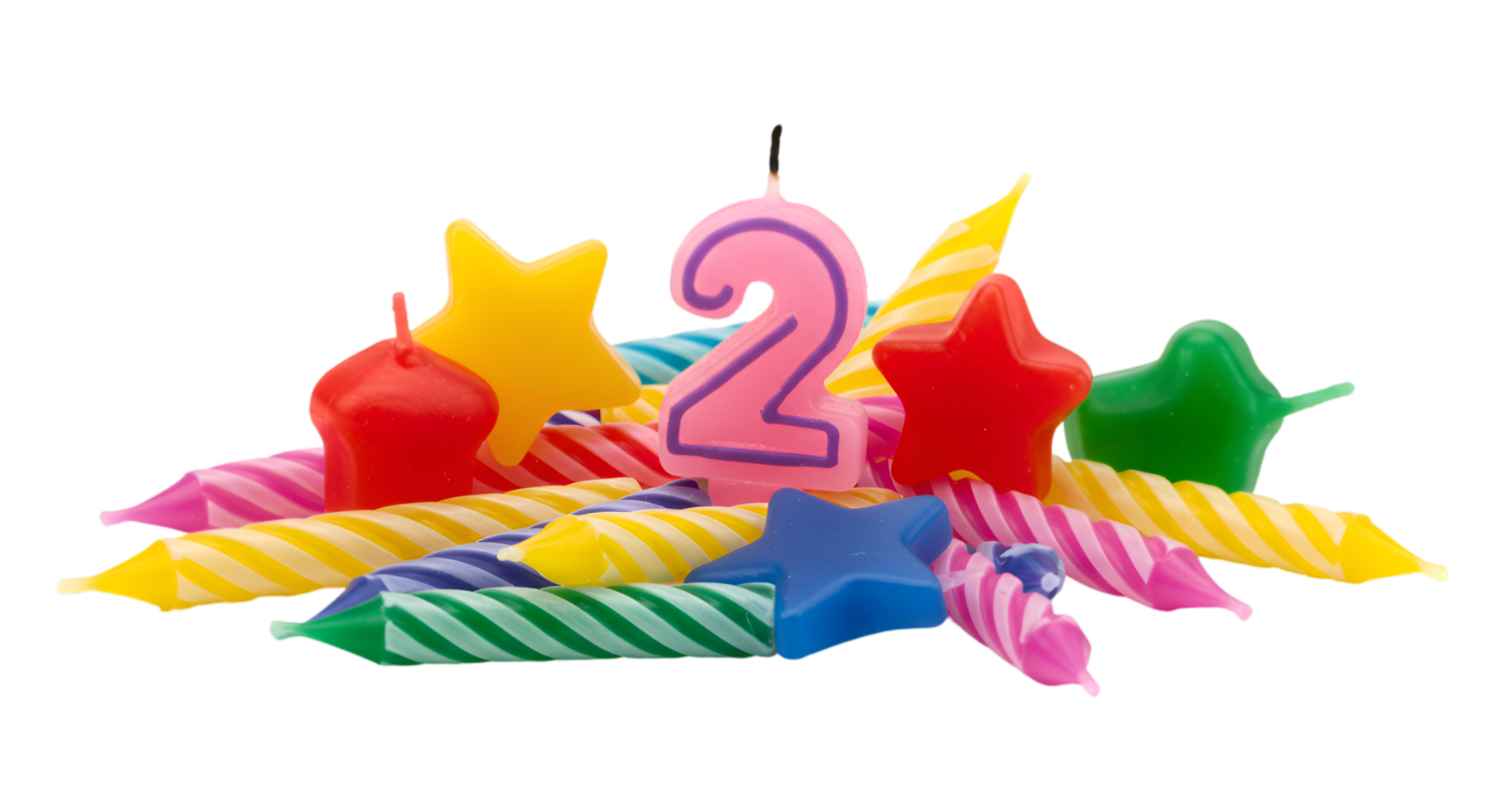 Colorful Birthday Candles Number Two Star Shapes and Swirls for Celebration png