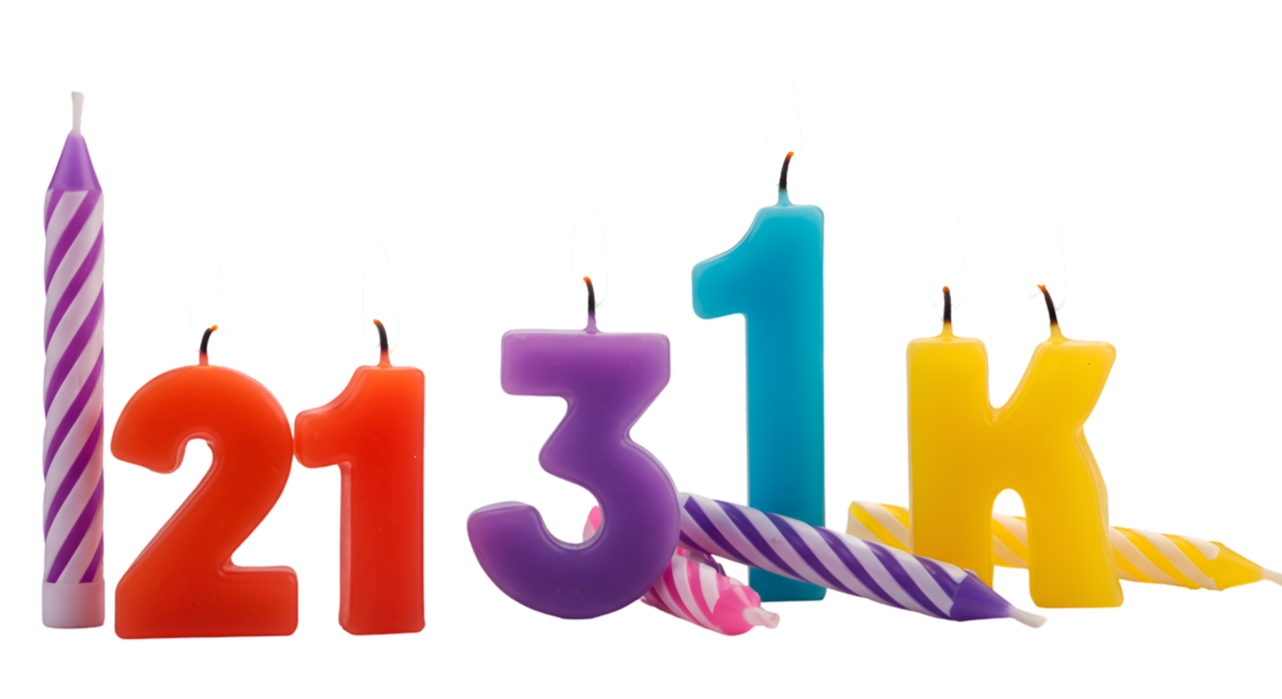 Colorful Number and Striped Birthday Candles with Burnt Wicks Celebrating a Milestone png
