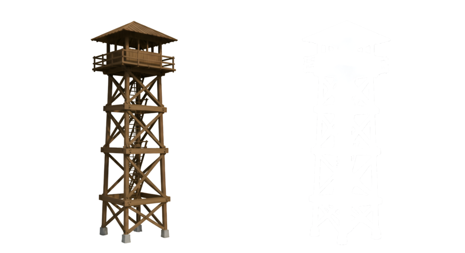 Wooden Lookout Tower with Ladder and Overhanging Roof Supported by Concrete Bases png