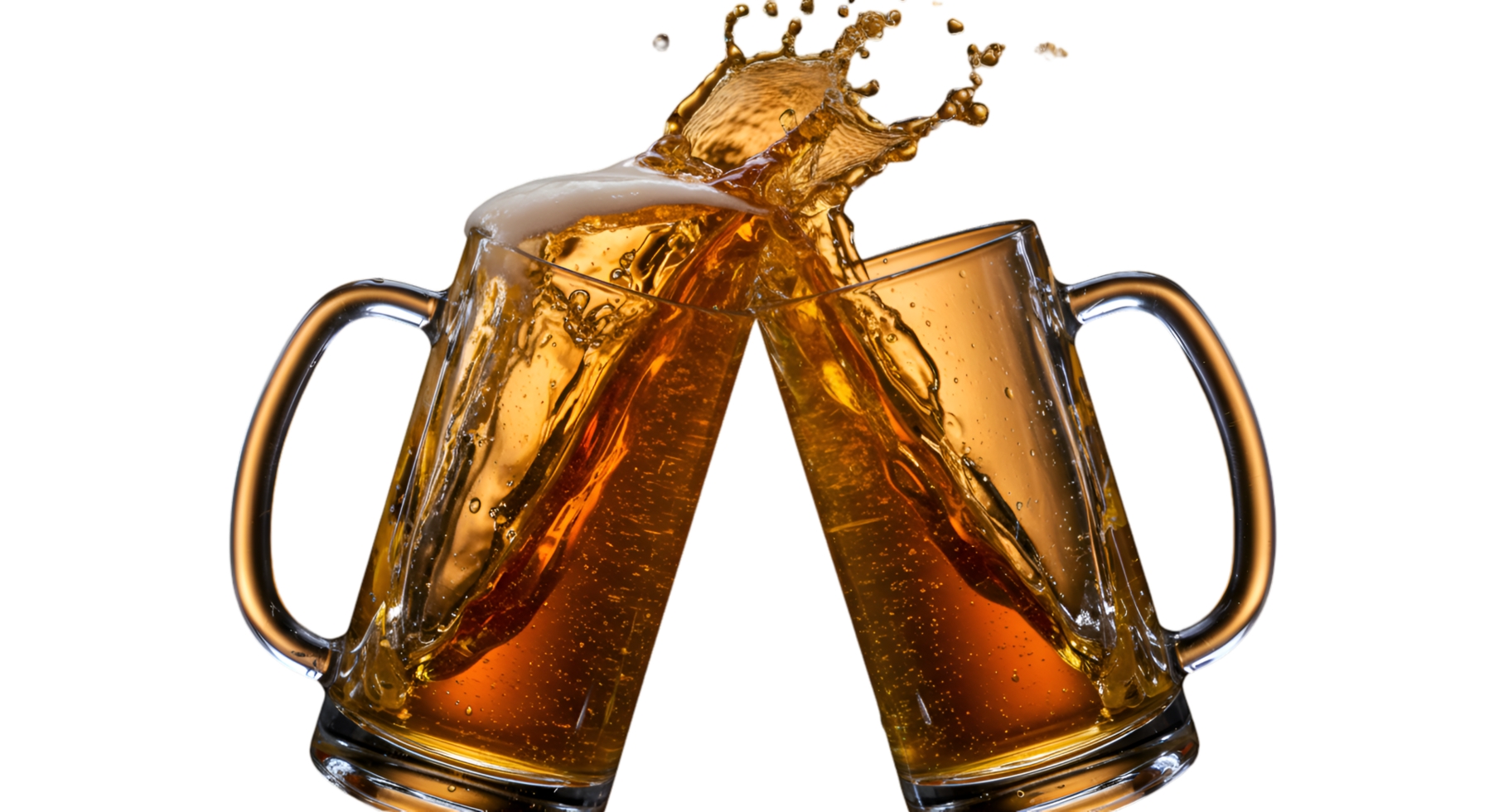 Two Beer Mugs Clinking Together Creating a Splashing Golden Liquid png