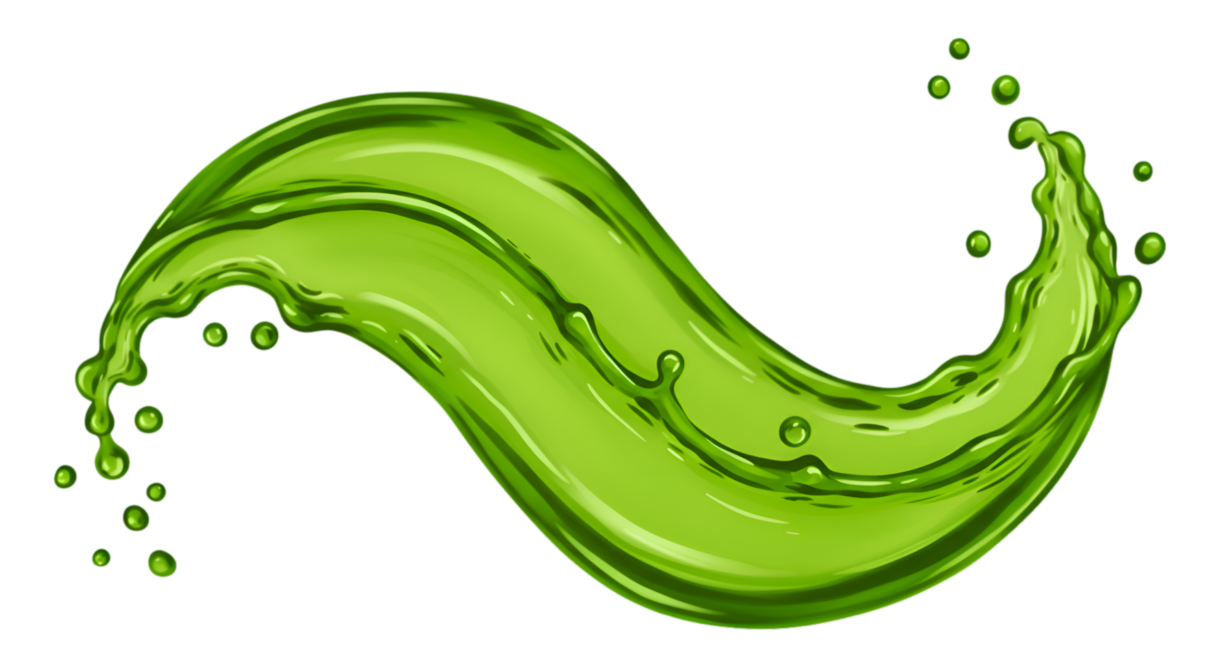 Vibrant Green Liquid Swirl with Splashes and Droplets in Dynamic Motion png
