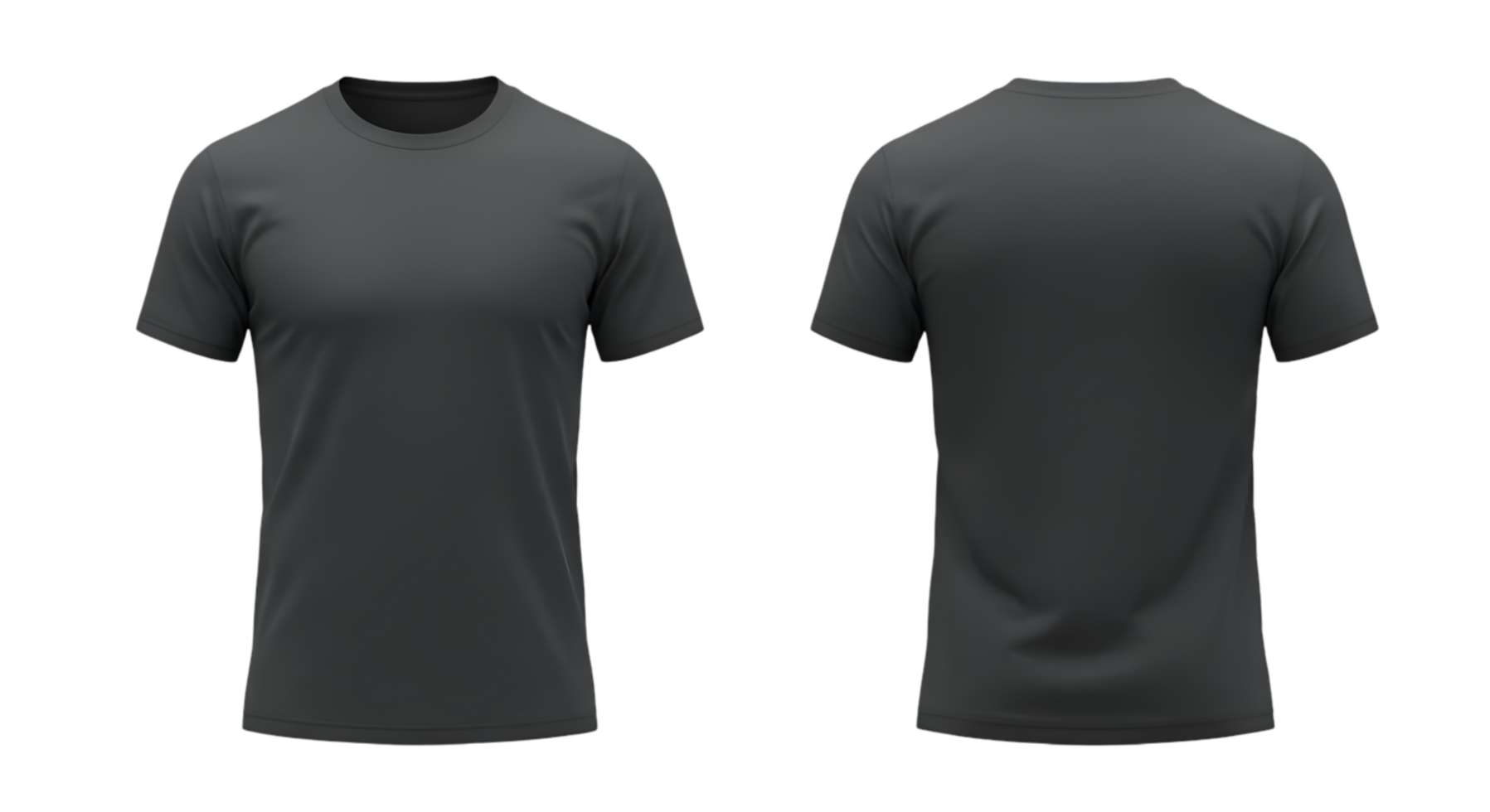 Two dark gray crew neck tshirts front and back view short sleeves png