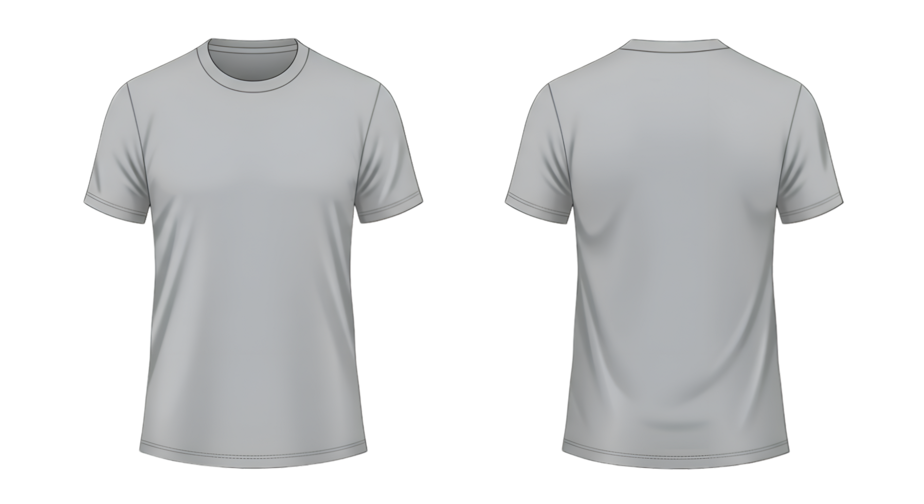 Two views of a gray crew neck tshirt front and back on a transparent background png