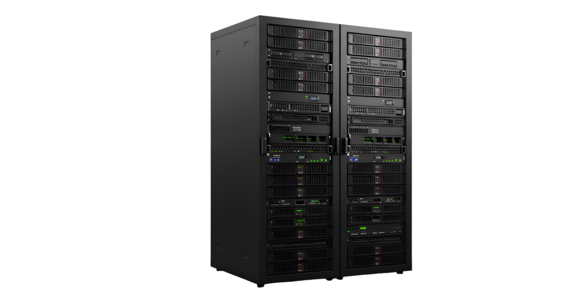Two black server racks filled with various network equipment and blinking lights png