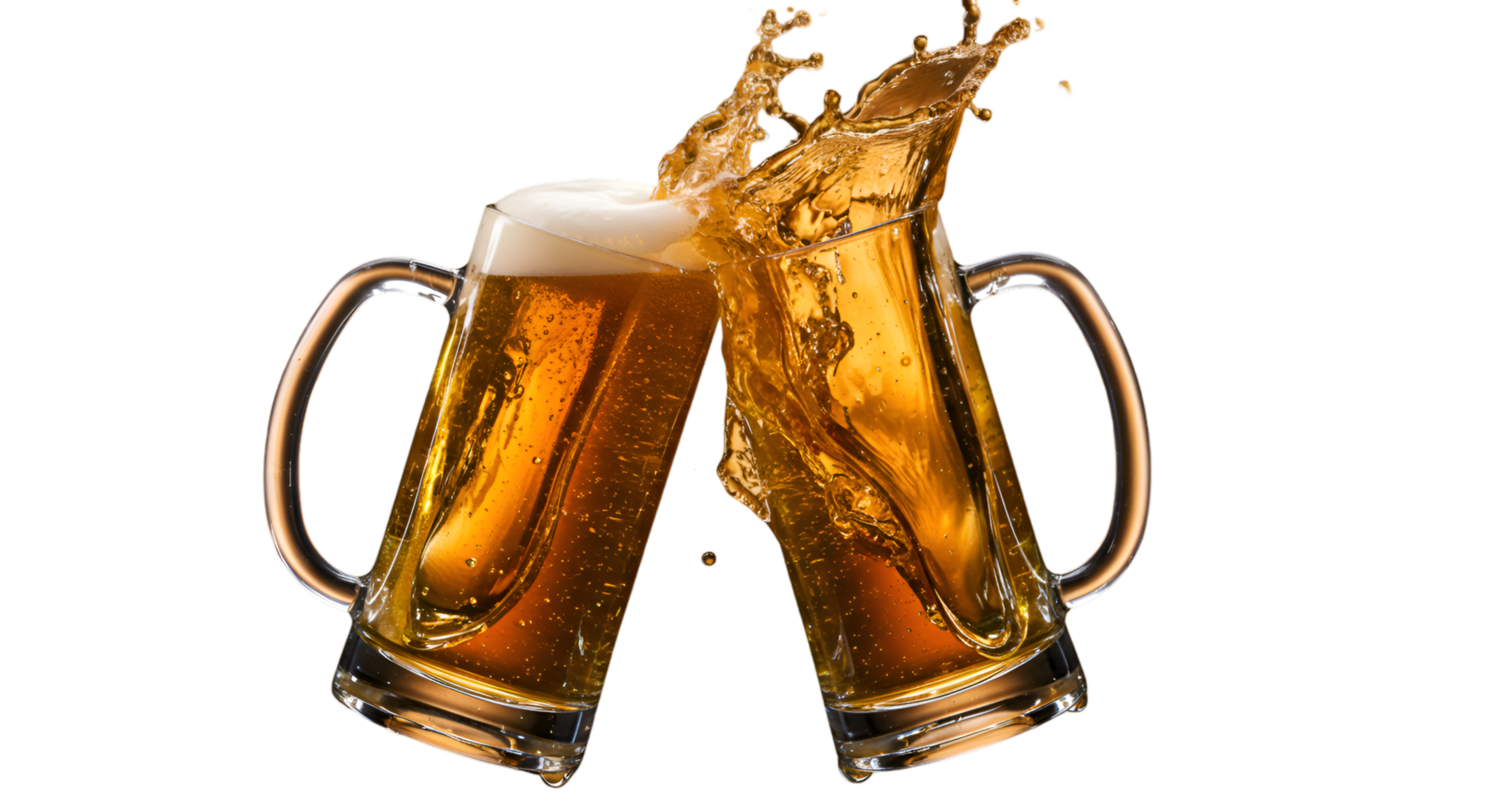 Two beer mugs clinking with a splash amber liquid and foam visible png