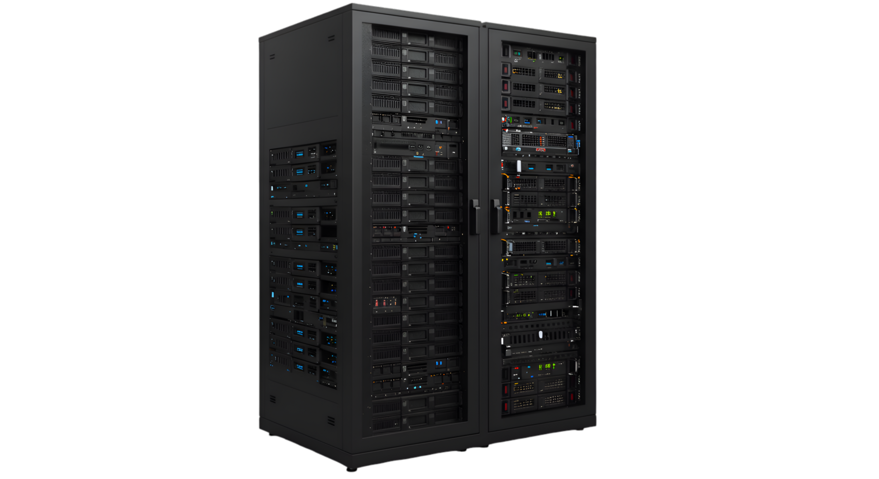 Two black server racks filled with computer hardware and blinking lights png