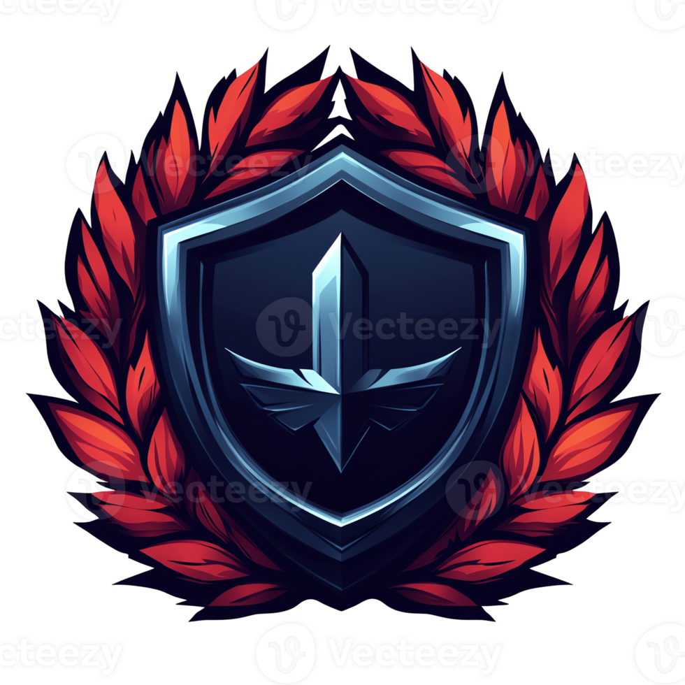 Majestic shield emblem with sword and red laurel wreath on transparent background png
