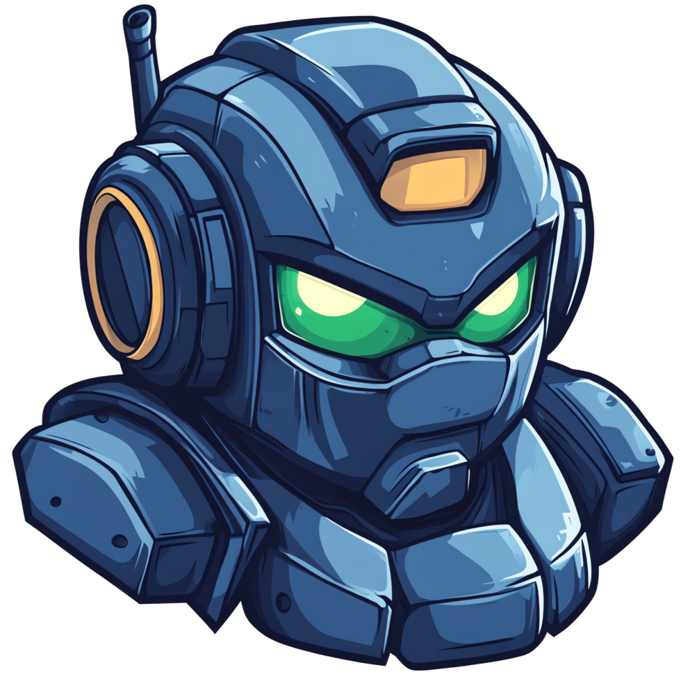 Adorable blue robot illustration on transparent background a determined mech with glowing eyes png