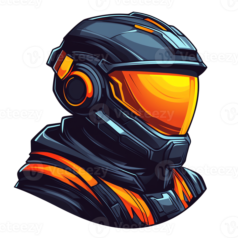 Futuristic soldier helmet with glowing orange visor on transparent background digital art png