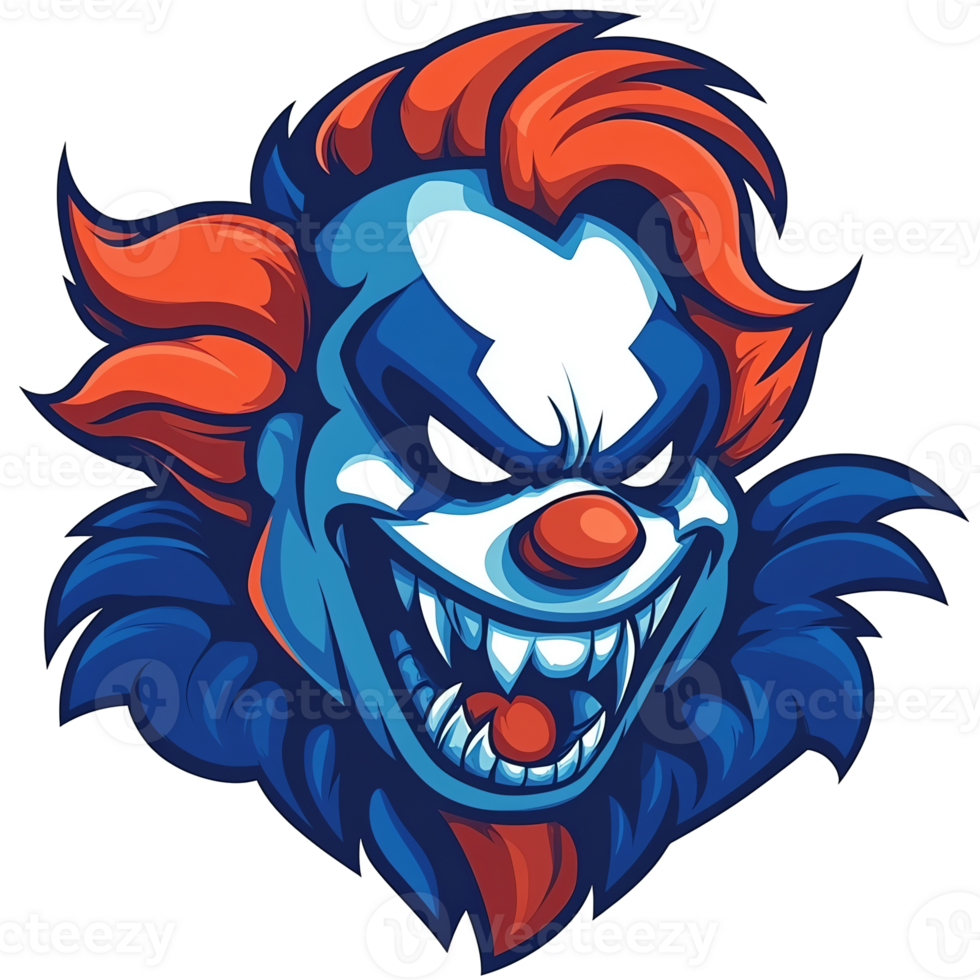 Illustration Angry Clown Face with Sharp Teeth, Red Nose, Blue Hair png