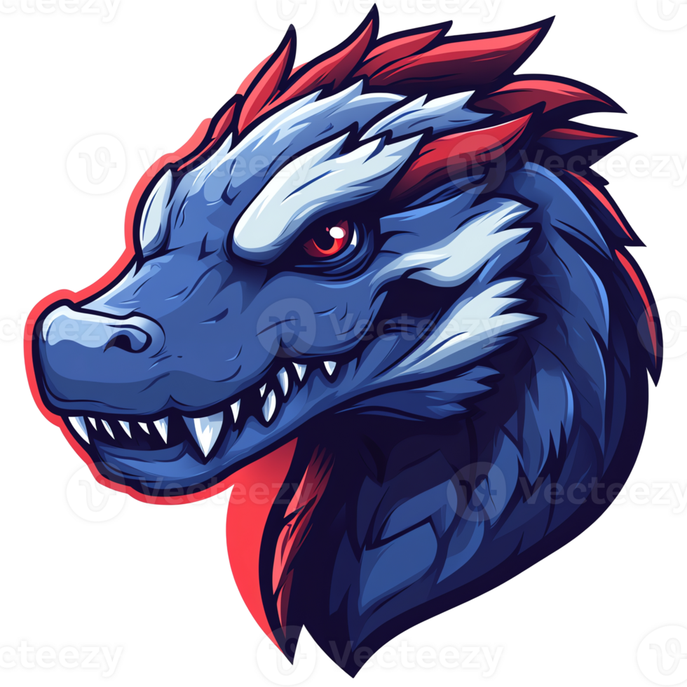 Illustration - Blue and Red Dragon Head with Sharp Teeth and Fiery Mane png