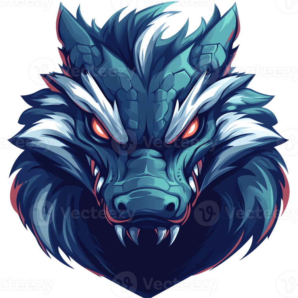 Stylized blue wolf head with glowing red eyes on transparent background digital art png