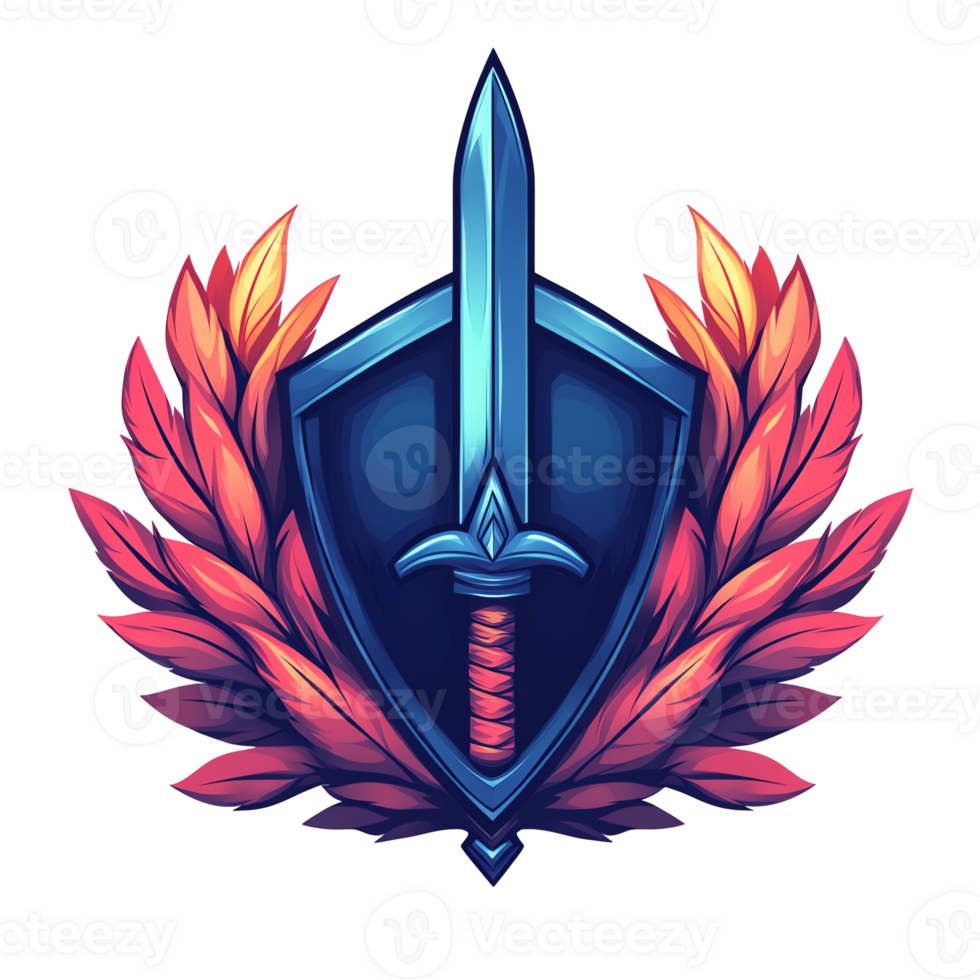 Fiery shield and sword emblem a stunning gaming logo design on transparent background png