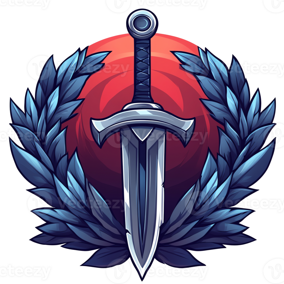 Elegant silver dagger logo with blue laurel wreath on transparent background png