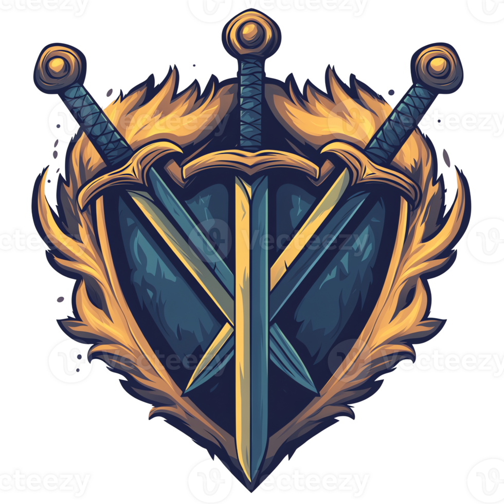 Illustration of Crossed Swords and Shield with Fiery Aura png