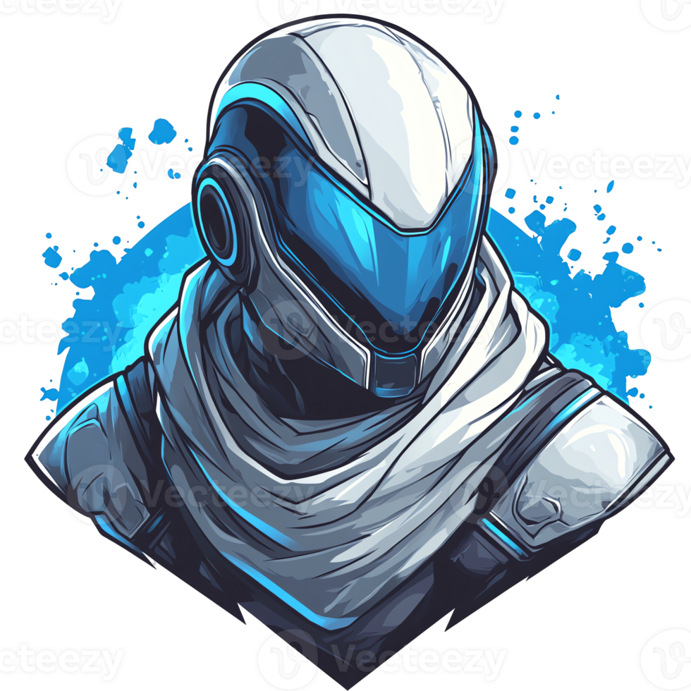 Futuristic warrior with glowing blue visor high tech soldier concept art on transparent background png