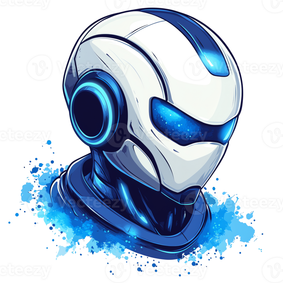 Futuristic robot head with splash effect in white and blue on transparent background png