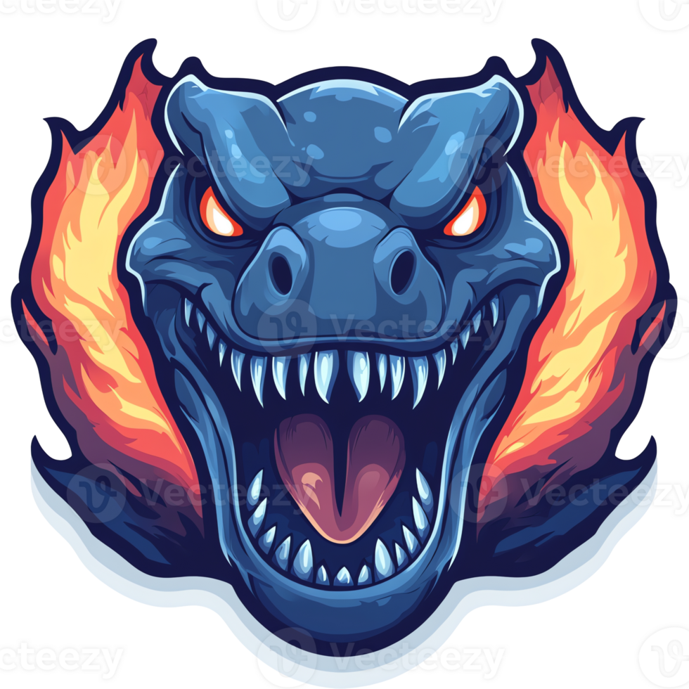 Illustration - Blue Monster Roaring with Fire, Fierce, Angry, Teeth, Tongue, Eyes, Head, Flames, Mythical Creature png