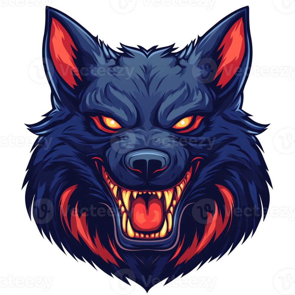 Fierce dark blue wolf with glowing red eyes on transparent background perfect for gaming logos and fantasy designs png