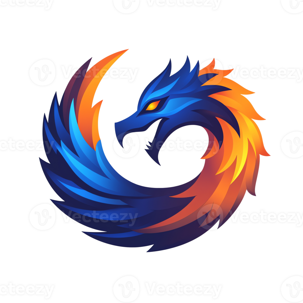Majestic blue and orange dragon logo on transparent background fiery mythical creature design png