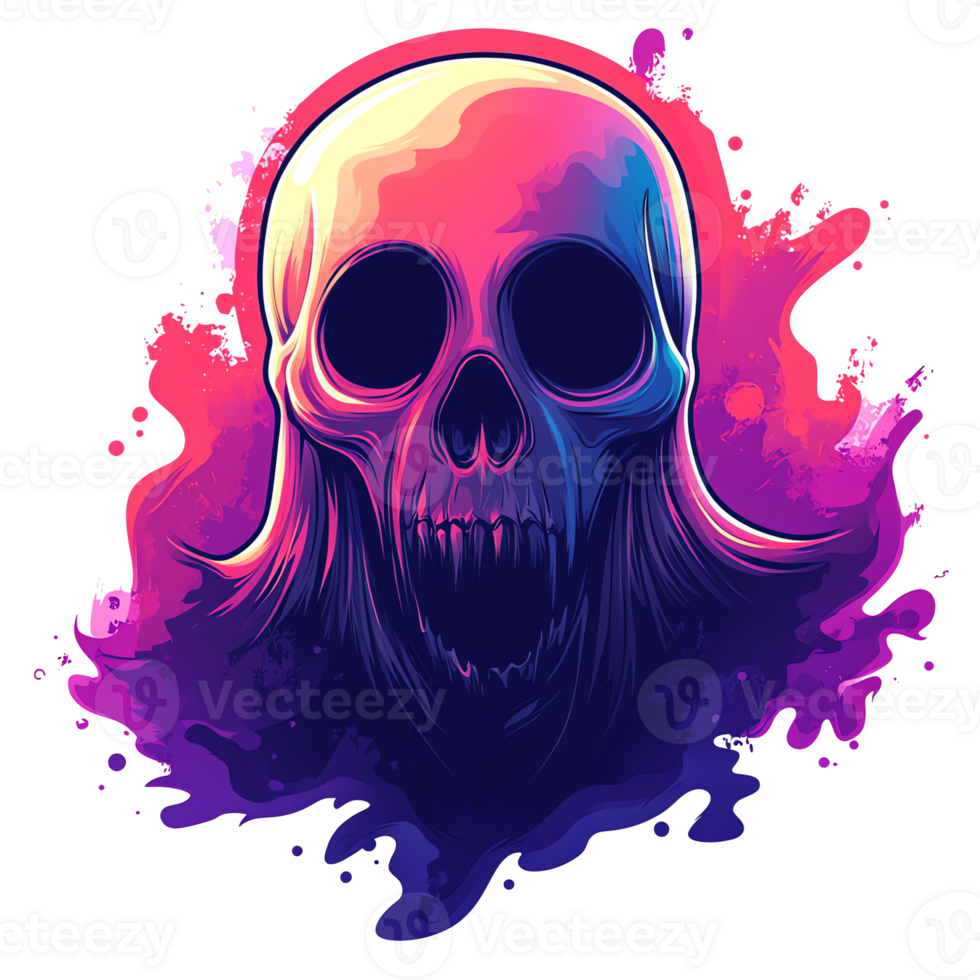 A vibrant skull engulfed in colorful abstract smoke on transparent background png