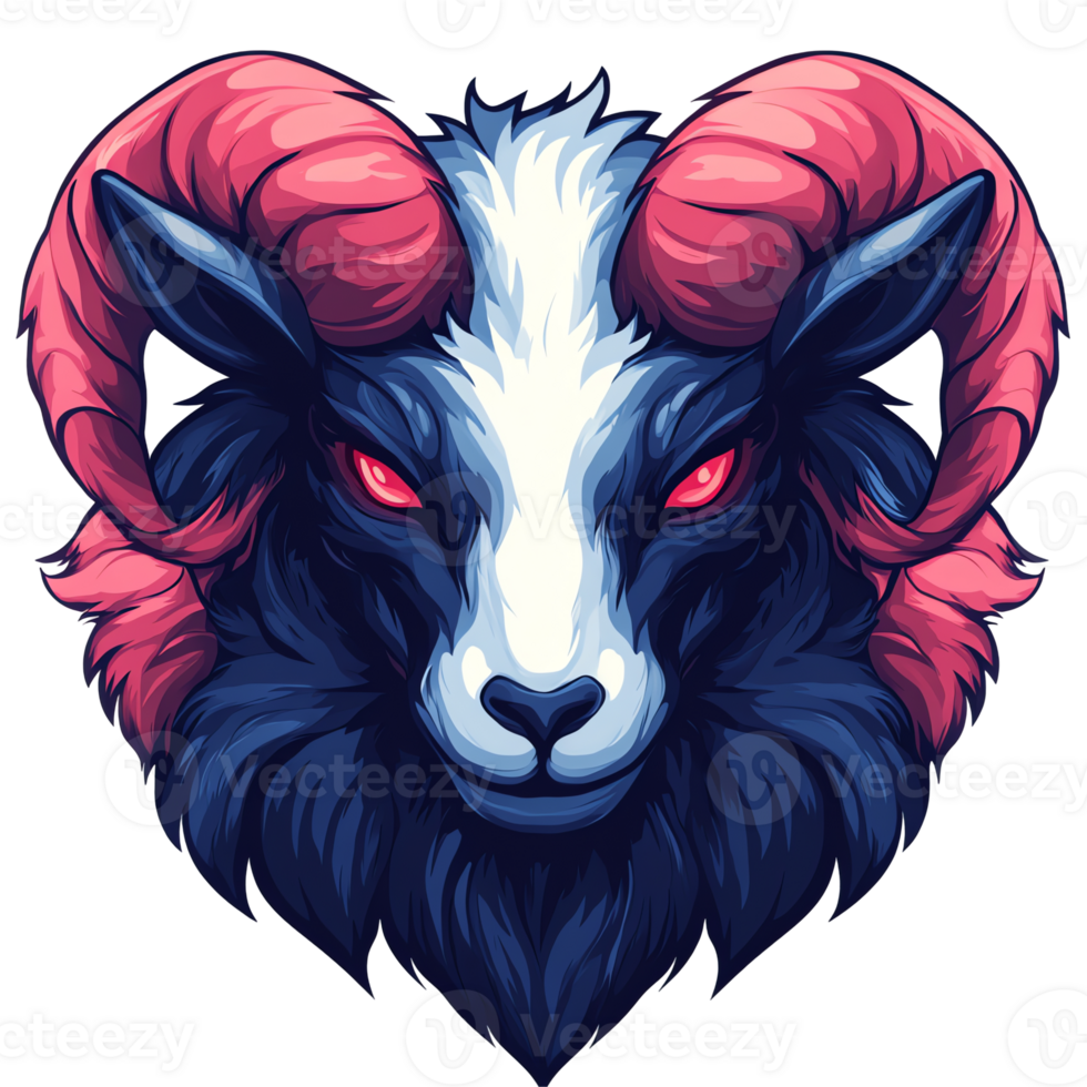 Fierce ram with glowing red eyes and large pink horns on transparent background a digital fantasy illustration png