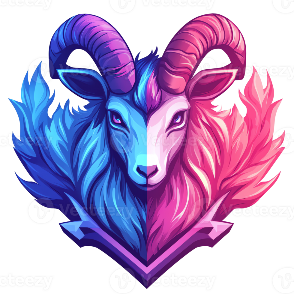 Vibrant pink and blue ram head on transparent background a symbol of duality and balance png
