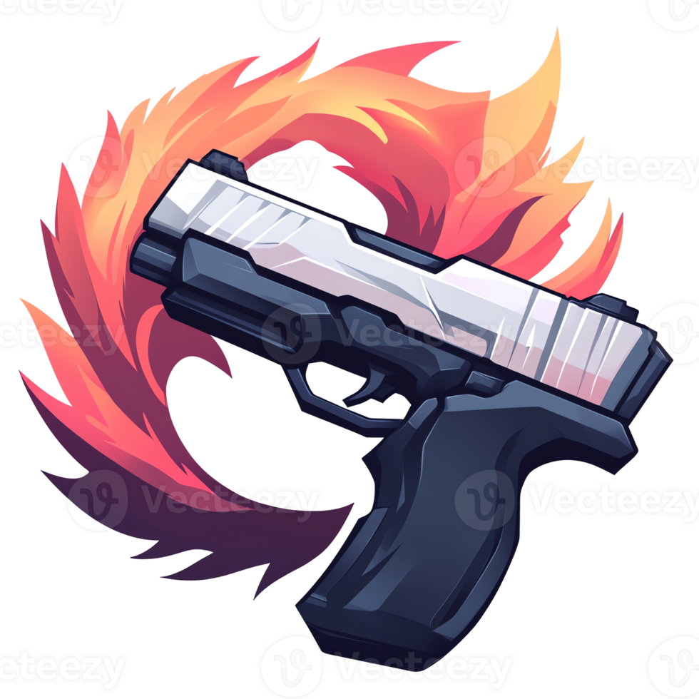 Blazing gun fiery weapon logo design on transparent background for gaming png