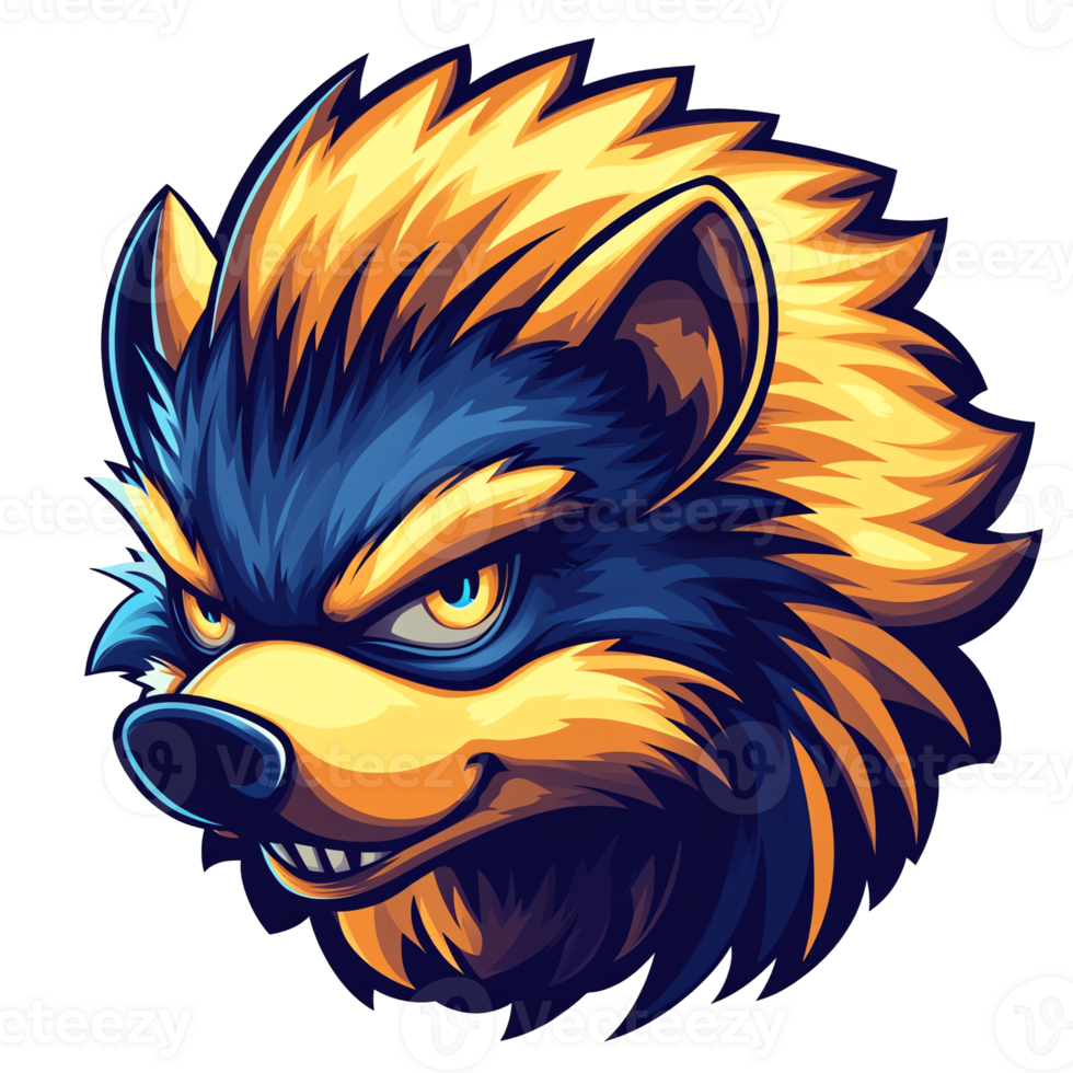 Fierce blue and gold wolf head digital art on transparent background png
