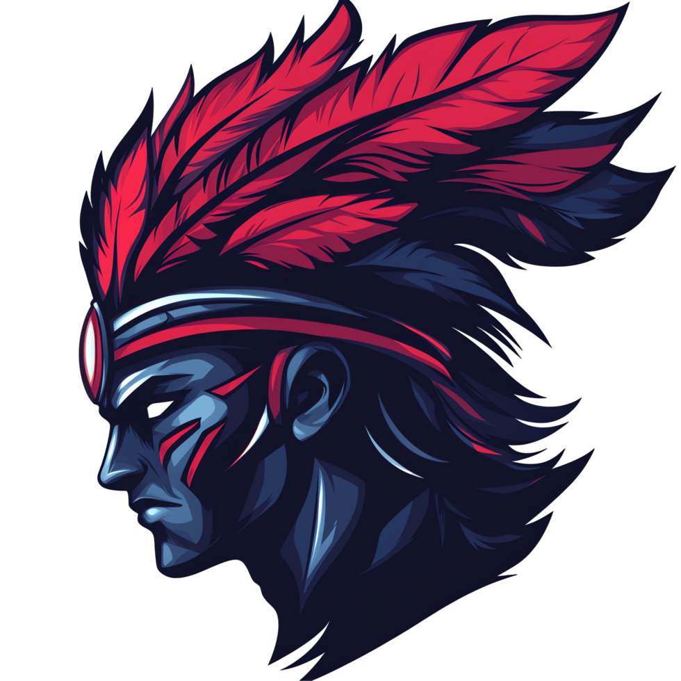 Stylized portrait of a native american chief with red and pink feathers on a transparent background png