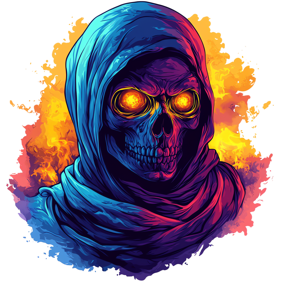 Illustration - Skull with Glowing Eyes, Enveloped in a Flowing, Colorful Veil png
