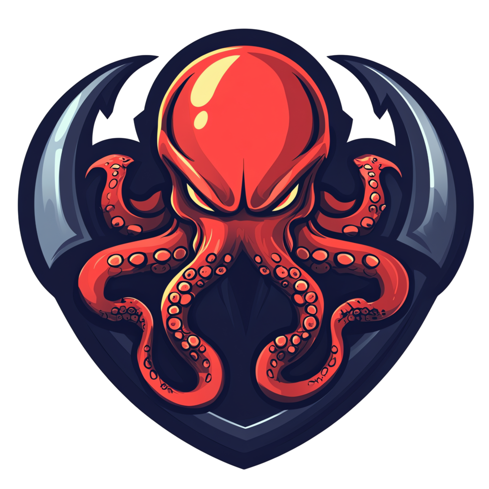 Illustration - Red Octopus with Tentacles, Angry Face, and Dark Background png