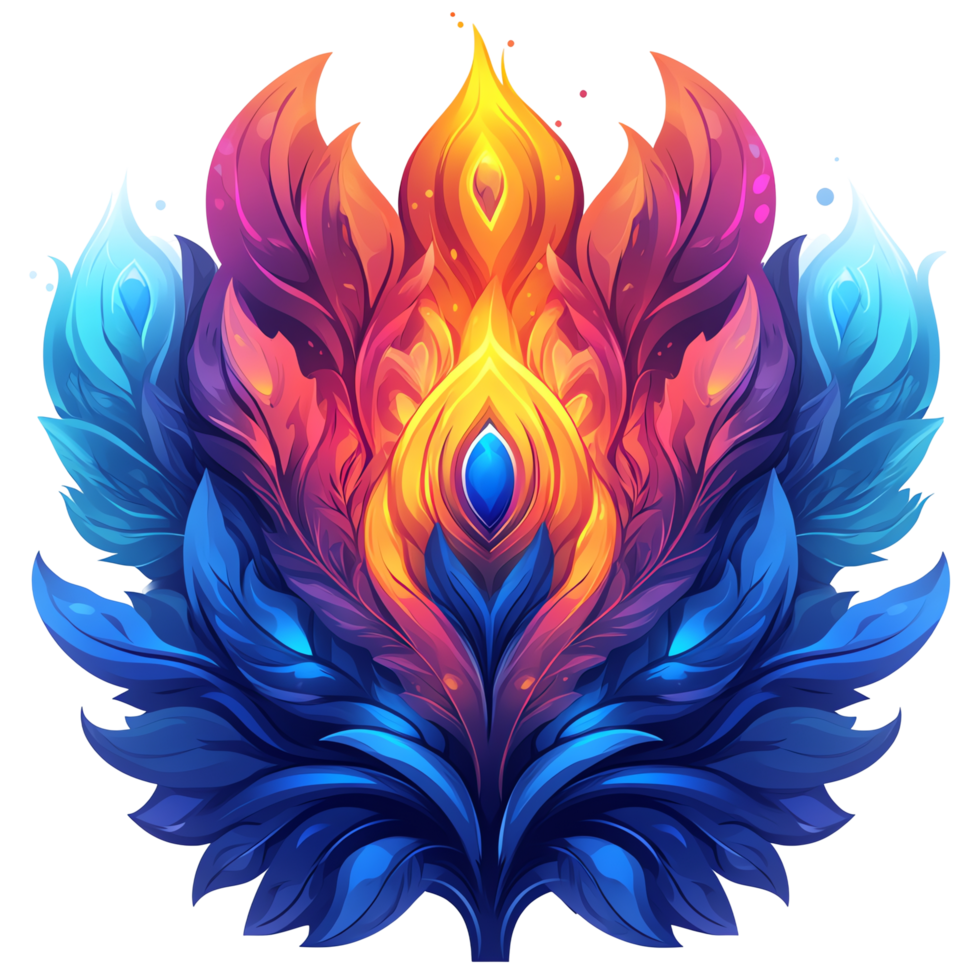 Vibrant multicolored phoenix like emblem design on transparent background png