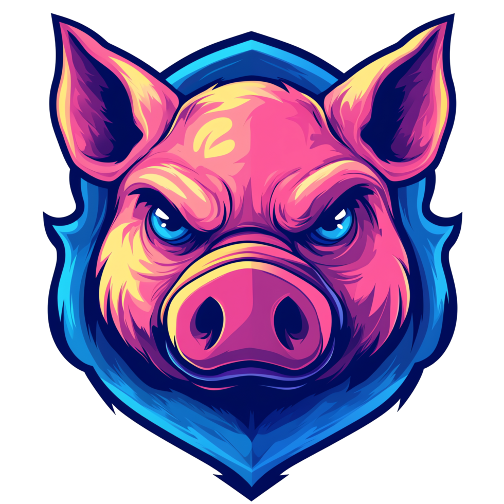 Stylized angry pink pig face mascot logo emblem with blue border on transparent background png