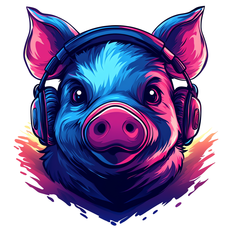 Neon pig head with headphones a vibrant digital art illustration on transparent background png