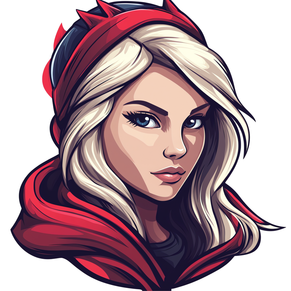 A stunning stylized portrait of a woman with long blonde hair and a red hood on a transparent background png
