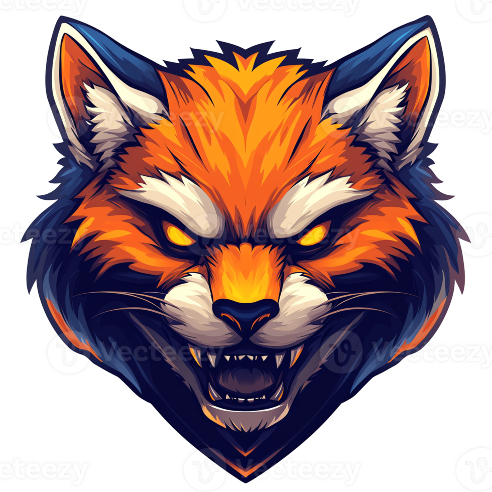 Ferocious fox head with sharp teeth and glowing eyes on transparent background illustration png