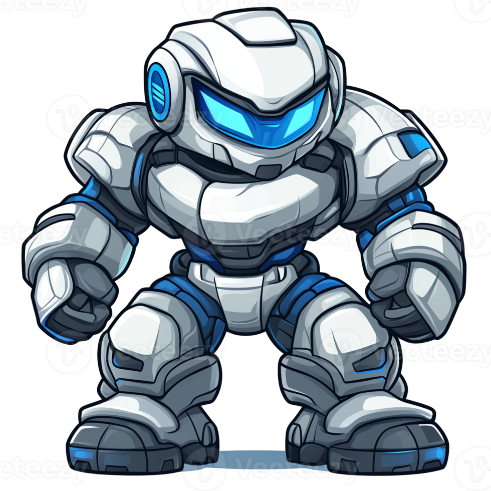 Cartoon robot character with white and blue armor on transparent background ready for action png