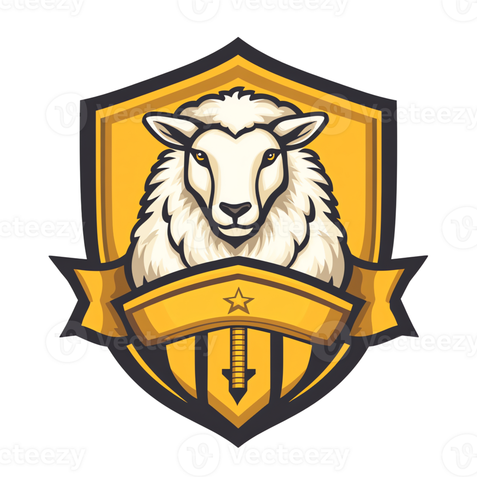 Majestic sheep emblem logo design on transparent background a gold shield with banner png