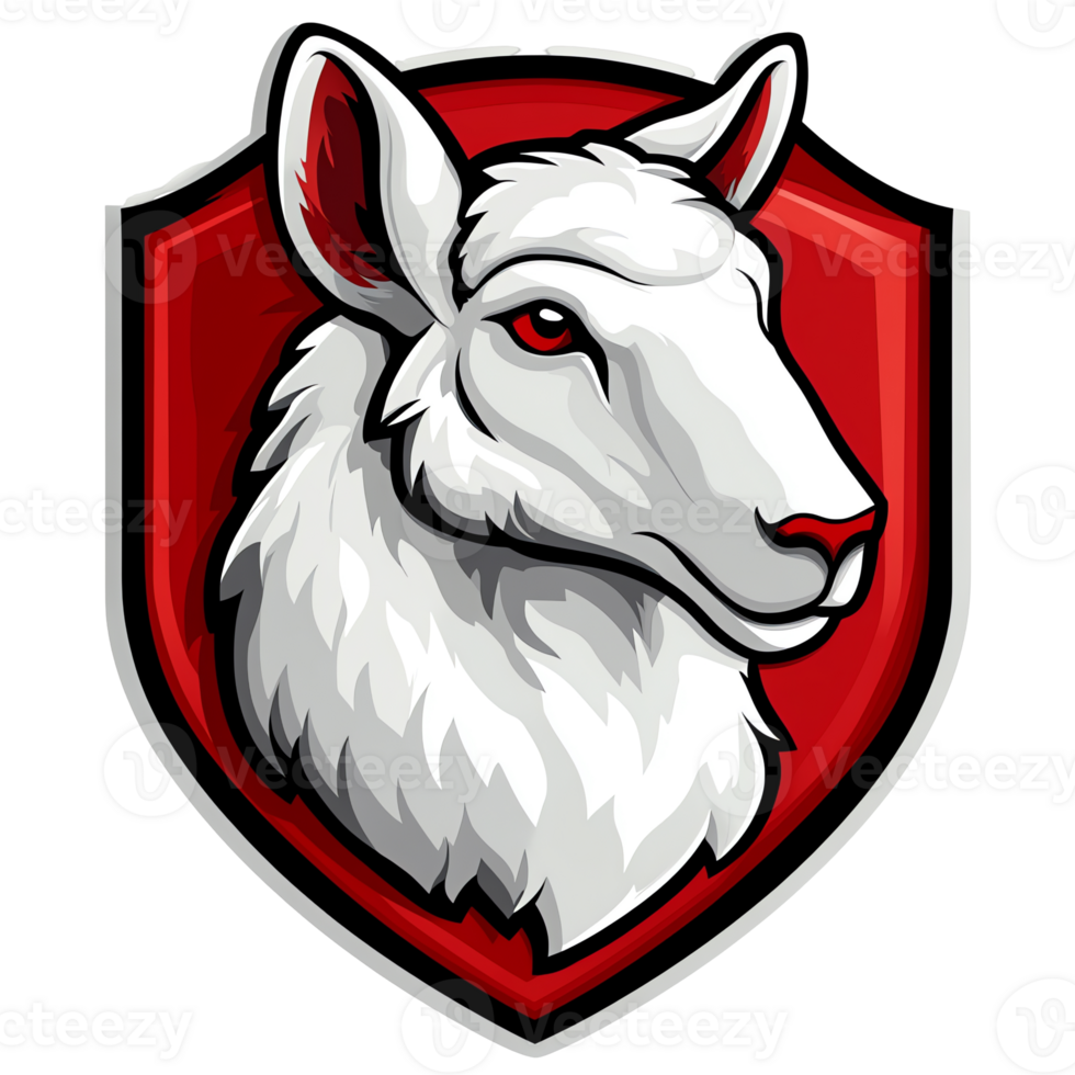 Fierce white sheep head logo on red shield perfect for gaming and fantasy themes png