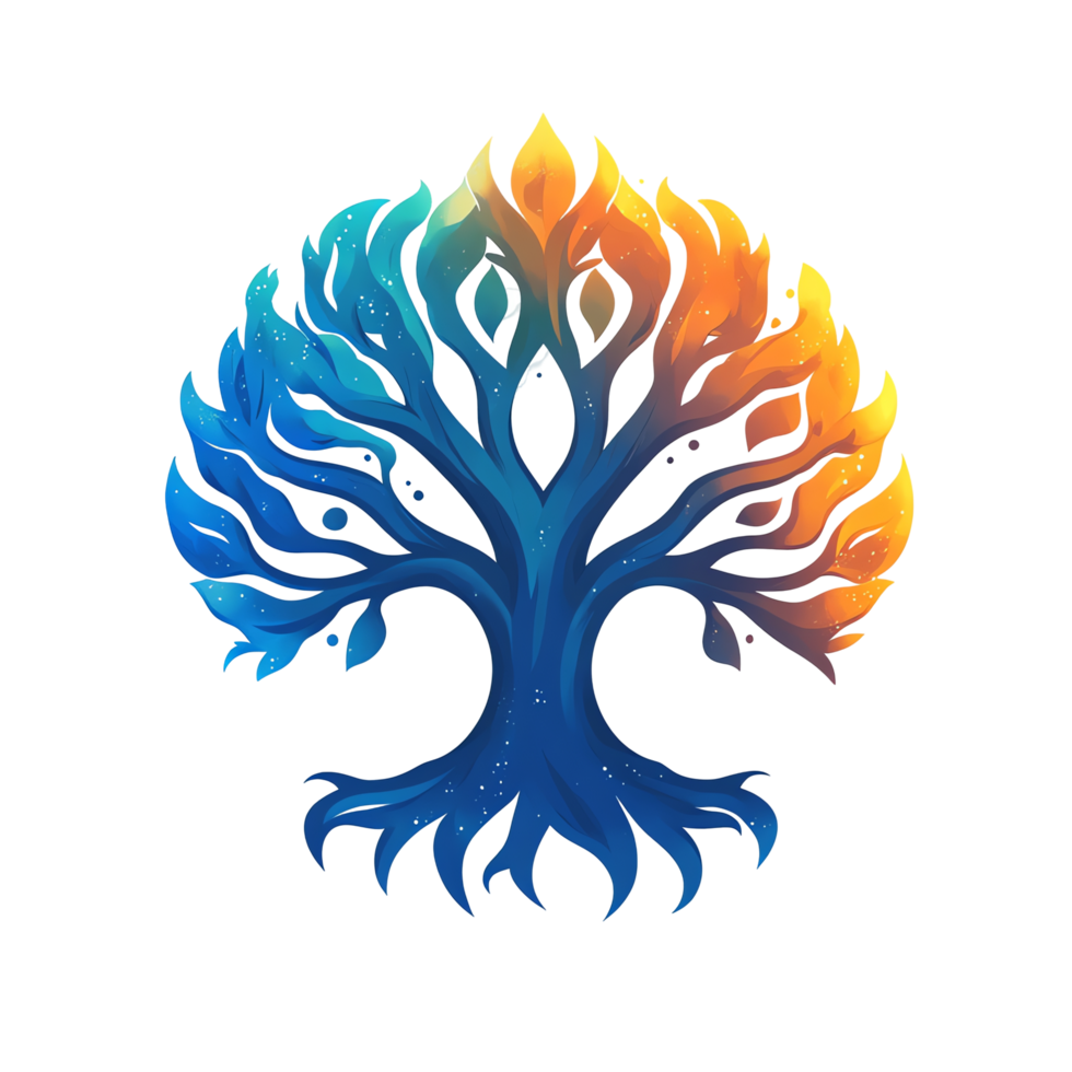 Dual tone abstract tree of life with vibrant colors symbolizing harmony and growth on transparent background png