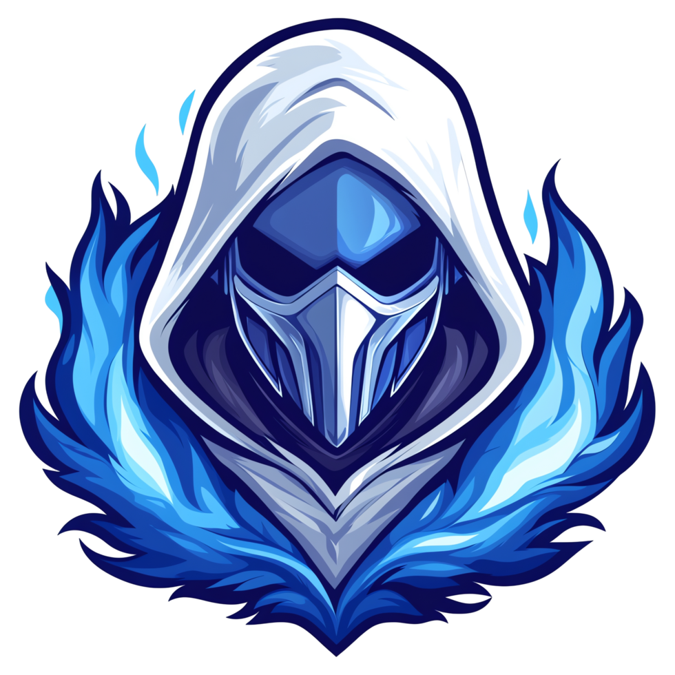 Mysterious hooded figure in blue flames a transparent gaming logo design png