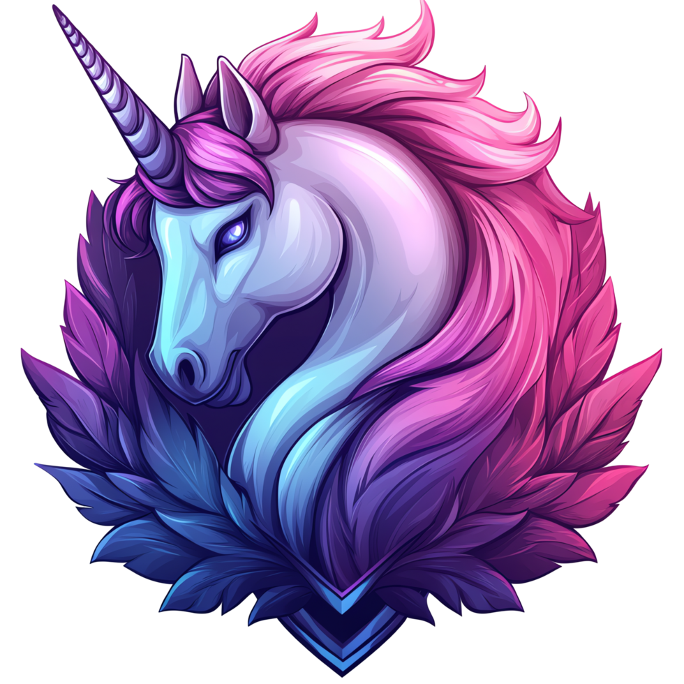 A majestic unicorn portrait with vibrant pink and blue mane on transparent background png