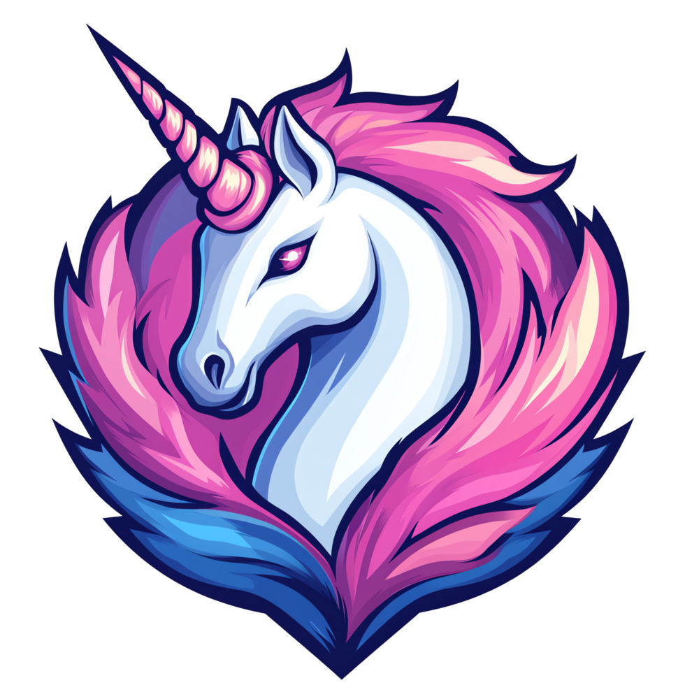 Majestic unicorn portrait with vibrant pink and blue feathers on transparent background png