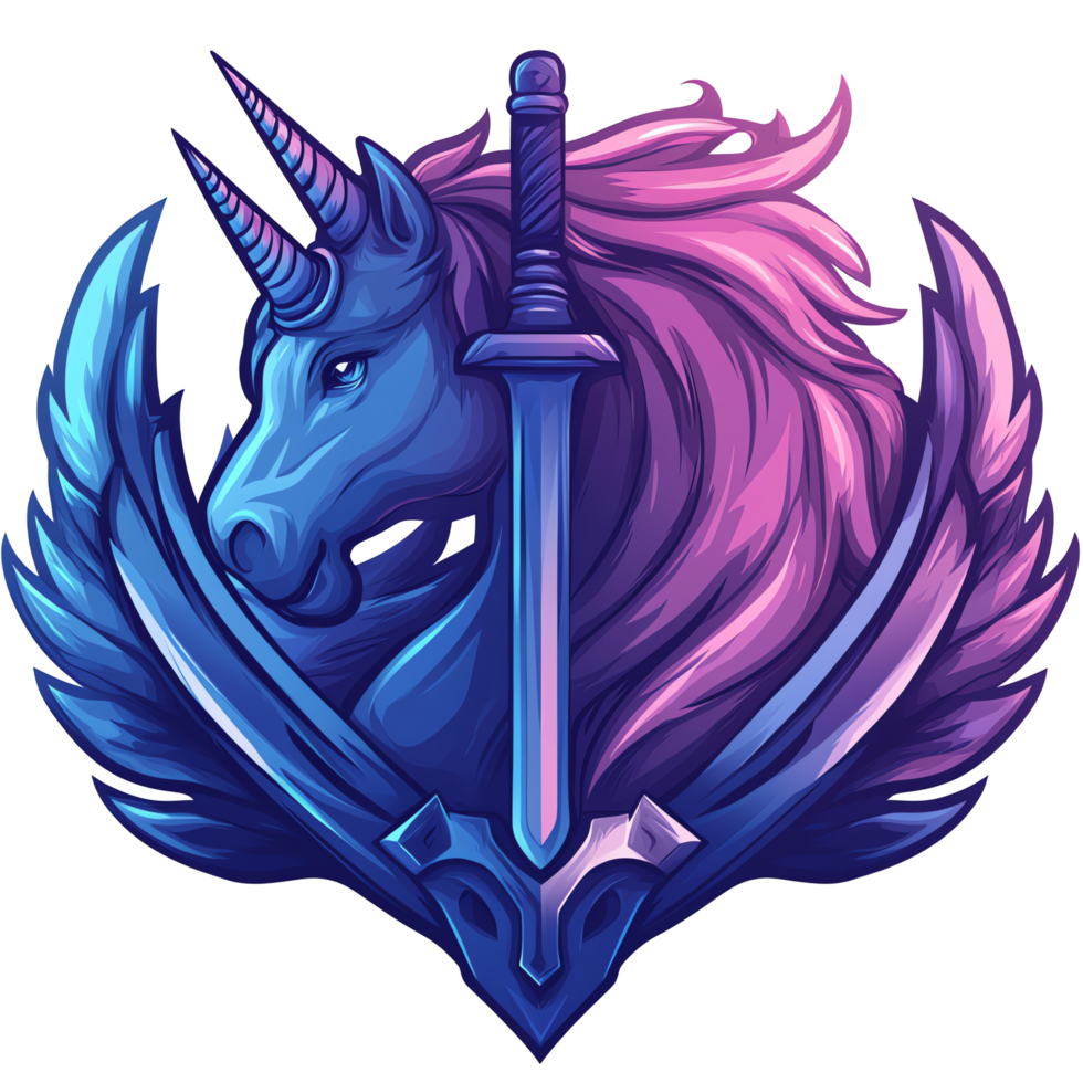 Majestic dual colored unicorn warrior with wings and sword on transparent background png