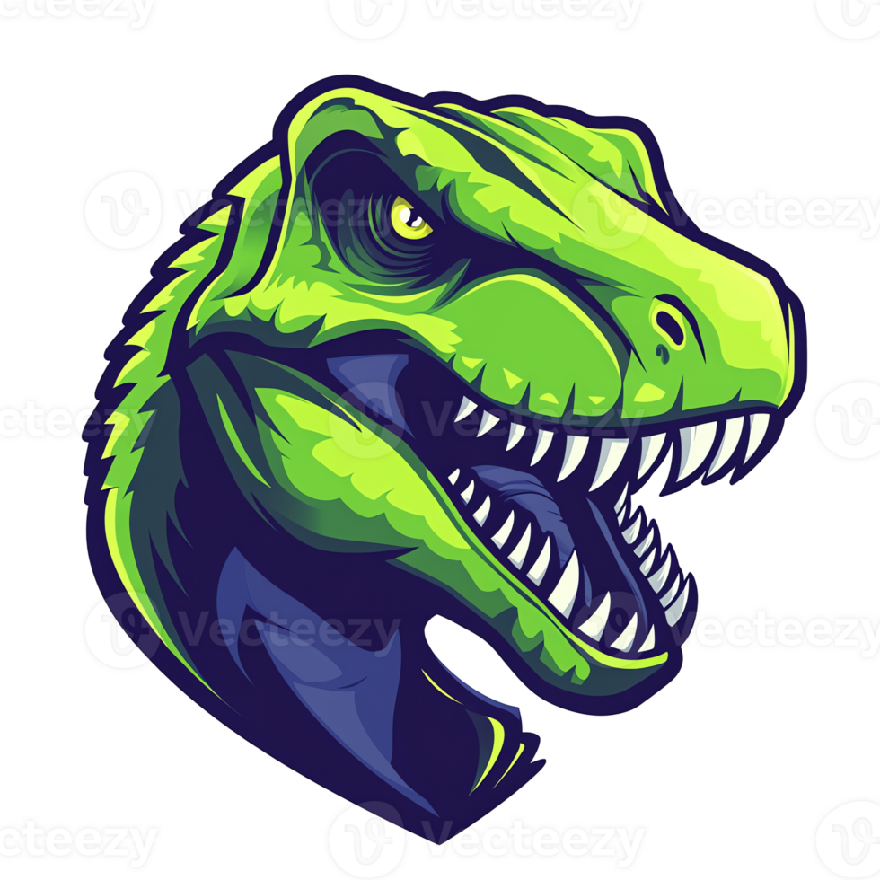 A fierce green tyrannosaurus rex head illustration on transparent background for logos icons and designs png